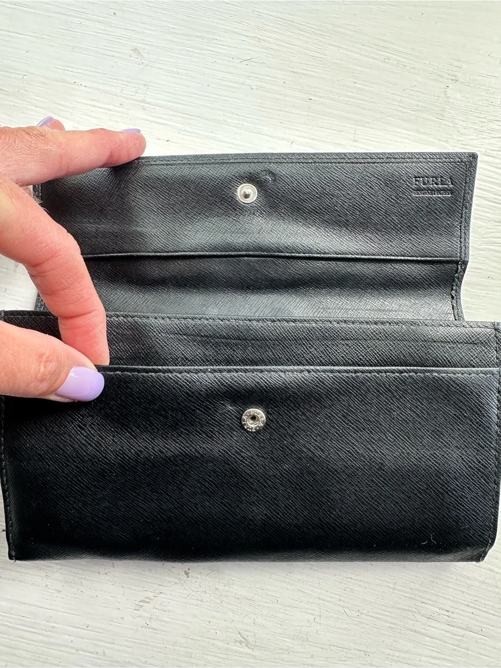 Furla Black Saffiano Leather Continental Wallet Snap Zip Organizer Quiet Luxury